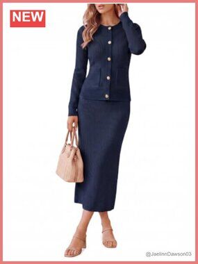 Womens 2 Piece Outfit Ribbed Knit Button Down Cardigan Maxi Skirt Set
